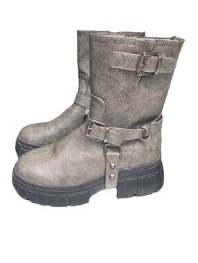 PrettyLittleThing Combat Biker Boots Charcoal Gray Womens US 6 NEW